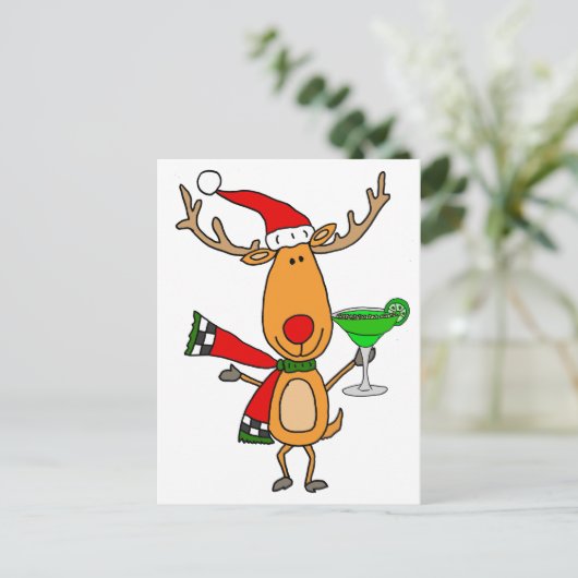 トナカイおもしろいがマルガリータを飲むクリスマスアート シーズンポストカード (スタンド正面)
