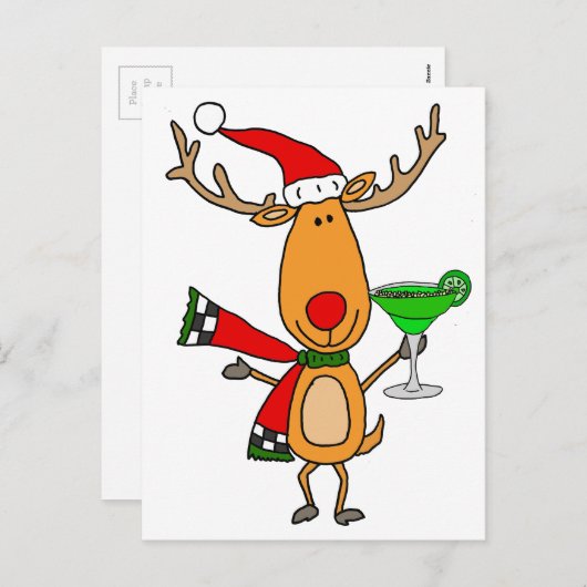 トナカイおもしろいがマルガリータを飲むクリスマスアート シーズンポストカード (正面/裏面)