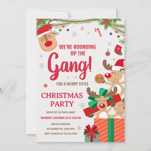 トナカイおもしろいの丸め集団クリスマスパーティー 招待状 (正面)