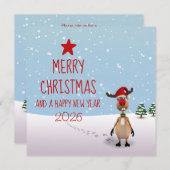 トナカイおもしろいの新年の木2025クリスマス 招待状 (正面/裏面)