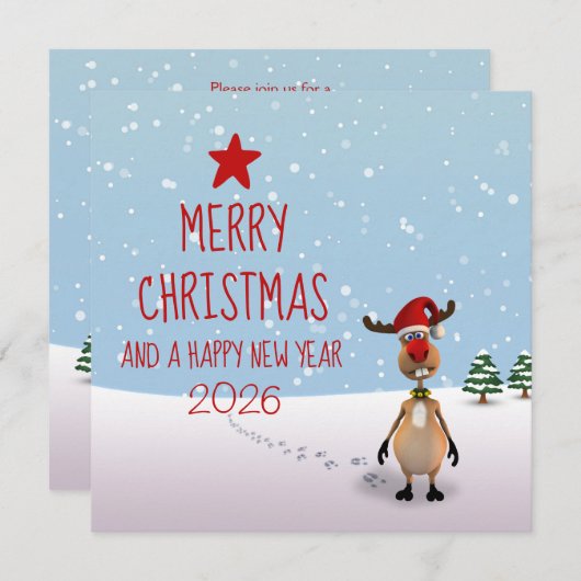 トナカイおもしろいの新年の木2025クリスマス 招待状 (正面/裏面)