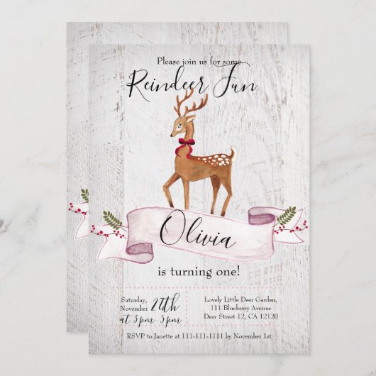 トナカイおもしろいの最初の誕生日の招待 招待状 (正面/裏面)