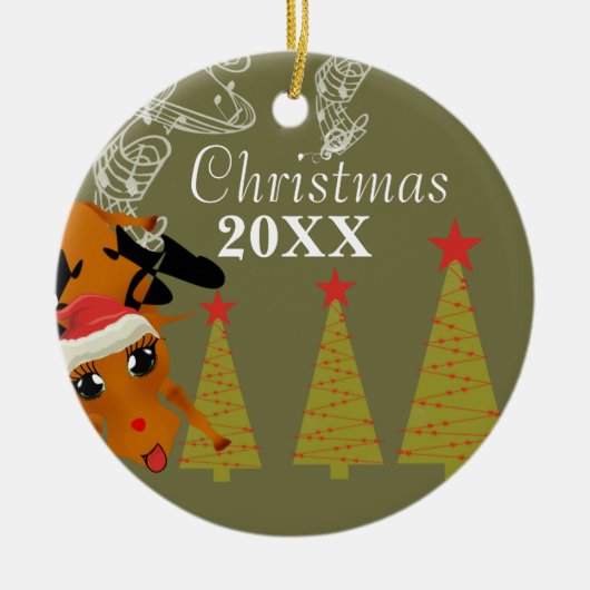 トナカイおもしろいクリスマスカップルの写真オーナメント セラミックオーナメント (正面)