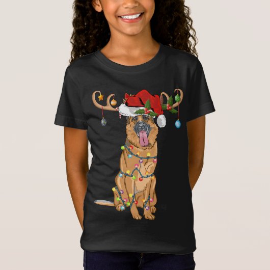 トナカイおもしろいサンタ・ハット・ドイツの羊飼いのクリスマス Tシャツ (正面)