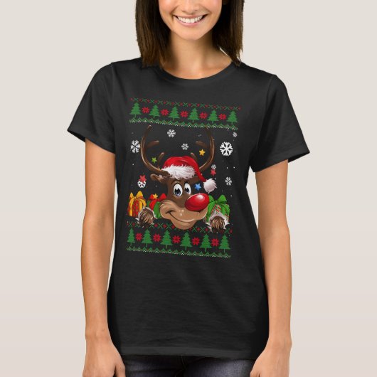 トナカイおもしろいラバーズサンタハット醜いクリスマスシュエ Tシャツ (正面)