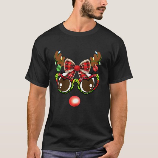 トナカイおもしろい顔ヒョウ眼鏡プレイドクリスマ Tシャツ (正面)