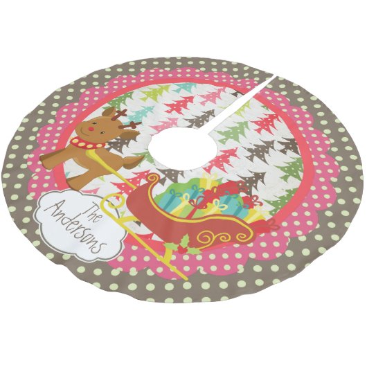 トナカイおよびそりのクリスマスの休日の木のスカート ブラッシュドポリエステルツリースカート (アングル)