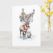 トナカイおよび小妖精や小人のクリスマスカード カード (黄色い花)
