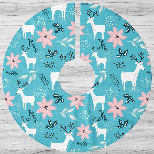 トナカイお洒落とポインセティアスのクリスマス ブラッシュドポリエステルツリースカート