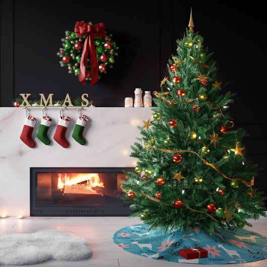 トナカイお洒落とポインセティアスのクリスマス ブラッシュドポリエステルツリースカート