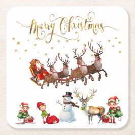 トナカイがそりを引っ張るサンタクロース スクエアペーパーコースター