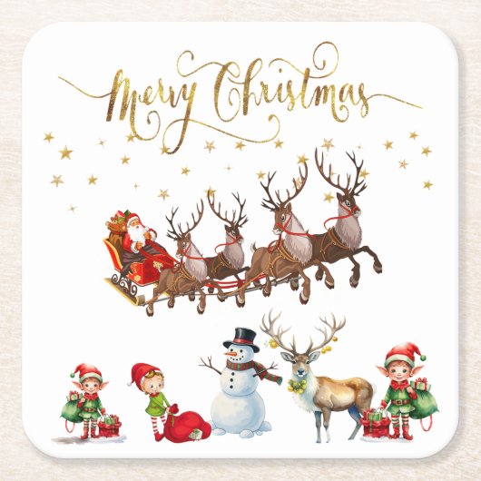 トナカイがそりを引っ張るサンタクロース スクエアペーパーコースター (正面)