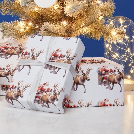トナカイがそりを引っ張るサンタクロース ラッピングペーパー (クリスマス)