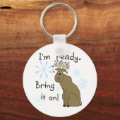 トナカイがクリスマスTシャツとギフトに向かう キーホルダー (正面)