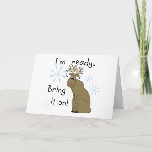 トナカイがクリスマスTシャツとギフトに向かう シーズンカード (正面)