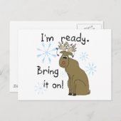 トナカイがクリスマスTシャツとギフトに向かう シーズンポストカード (正面/裏面)