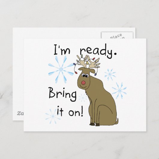 トナカイがクリスマスTシャツとギフトに向かう シーズンポストカード (正面/裏面)