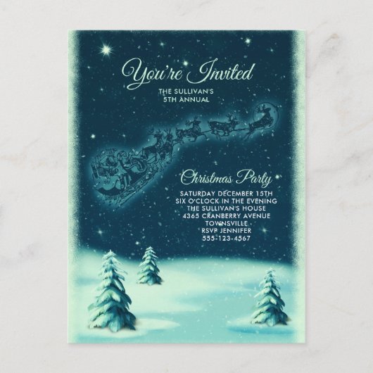 トナカイがサンタクロースを引っ張るクリスマスパーティー ポストカード (正面)