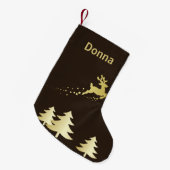 トナカイが付いている金クリスマスツリー スモールクリスマスストッキング (正面 (吊り時))