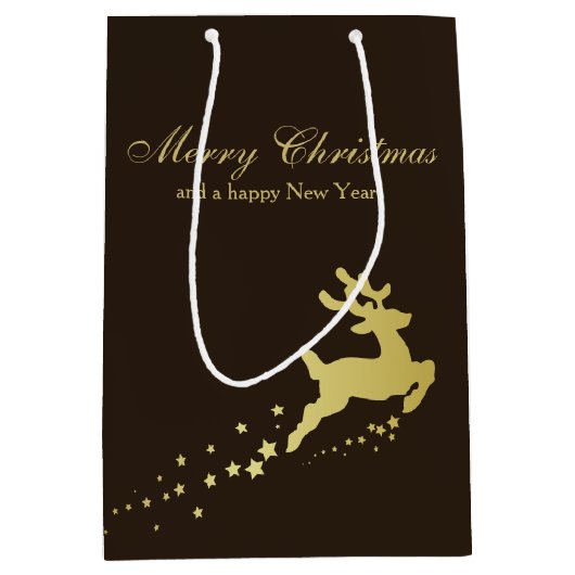 トナカイが付いている金クリスマスツリー ミディアムペーパーバッグ (正面)