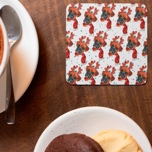 トナカイが咲く可愛いボクサー〔雄ジカの〕枝角クリスマス スクエアペーパーコースター