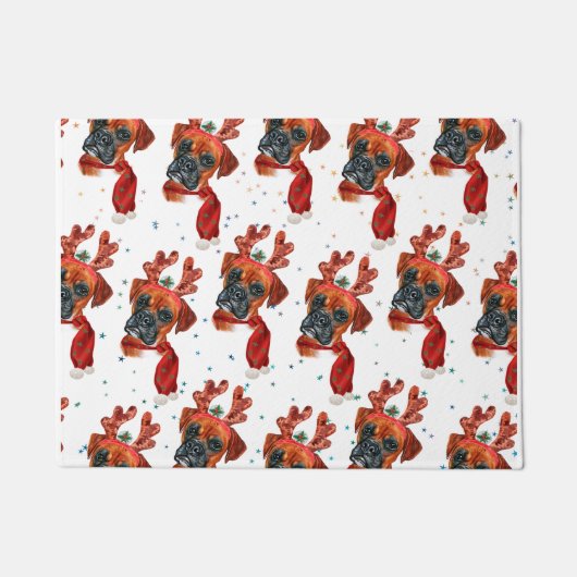 トナカイが咲く可愛いボクサー〔雄ジカの〕枝角クリスマス ドアマット (正面)