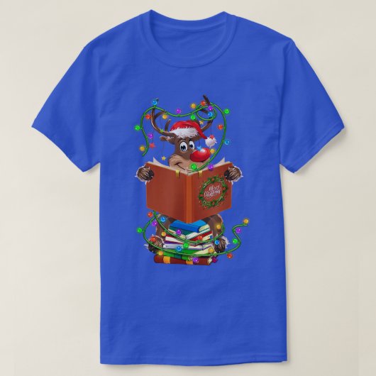 トナカイが本を読む クリスマスライト オーナメント Tシャツ (デザイン正面)
