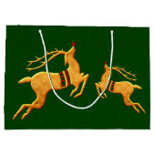 トナカイが緑のダマスクに乗って三羽 ラージペーパーバッグ (裏面)