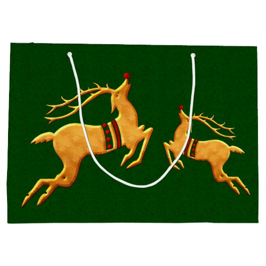 トナカイが緑のダマスクに乗って三羽 ラージペーパーバッグ (裏面)