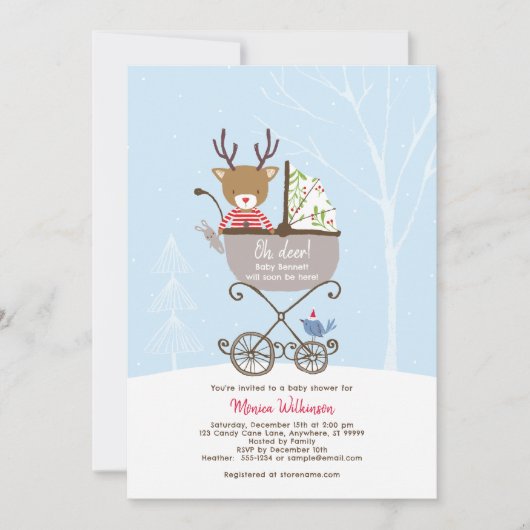 トナカイでベビーカー冬のホリデーベビーシャワー 招待状 (正面)