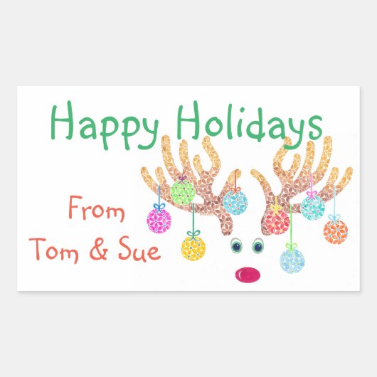 トナカイとオーナメントホリデープロダクトラベル 長方形シール (正面)