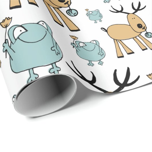 トナカイとカエルの柄 ラッピングペーパー (ロールコーナー)