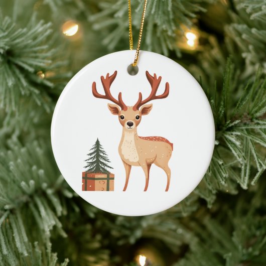 トナカイとギフトボー セラミックオーナメント (ツリー)