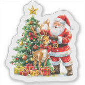 トナカイとクリスマスを祝うサンタクロース シール (正面)