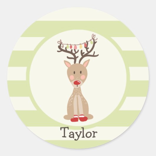 トナカイとクリスマスライト;ライトグリーン ラウンドシール (正面)