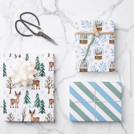 トナカイとスノーグローブのラッピング紙セット3 ラッピングペーパーシート (正面)