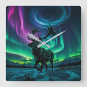 トナカイとノーザンライツワイルドライフデザイン スクエア壁時計 (正面)