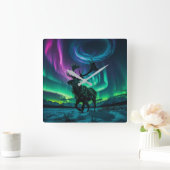 トナカイとノーザンライツワイルドライフデザイン スクエア壁時計 (ホーム)