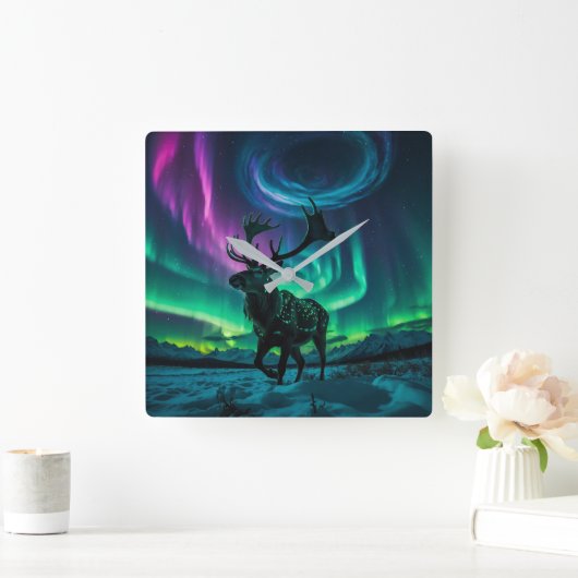 トナカイとノーザンライツワイルドライフデザイン スクエア壁時計 (ホーム)