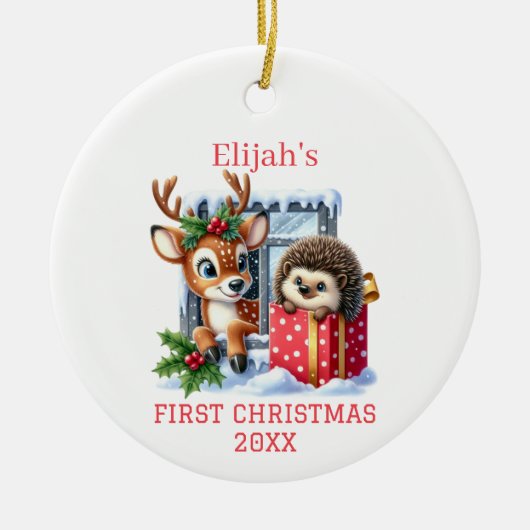 トナカイとハリネズミのクリスマス セラミックオーナメント (正面)