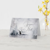 トナカイとビッグ〔雄ジカの〕枝角水色クリスマス カード (黄色い花)