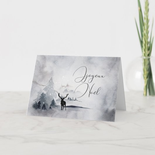 トナカイとビッグ〔雄ジカの〕枝角水色クリスマス カード (正面)
