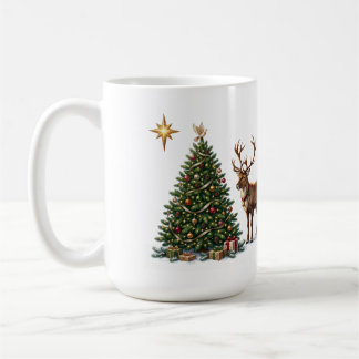 トナカイとプレゼントで飾られたクリスマスツリー コーヒーマグカップ