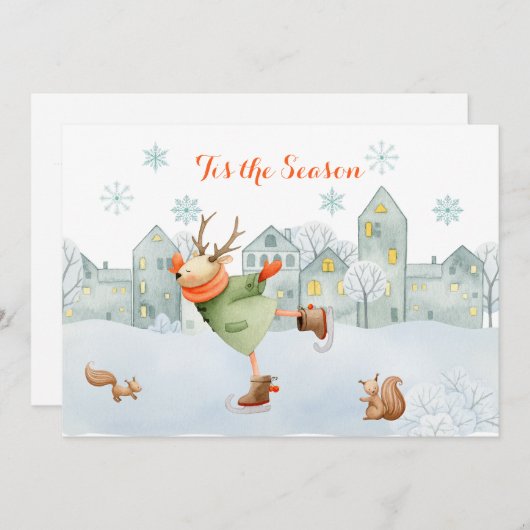 トナカイとリスがスケートリンクのクリスマス | シーズンカード (正面/裏面)