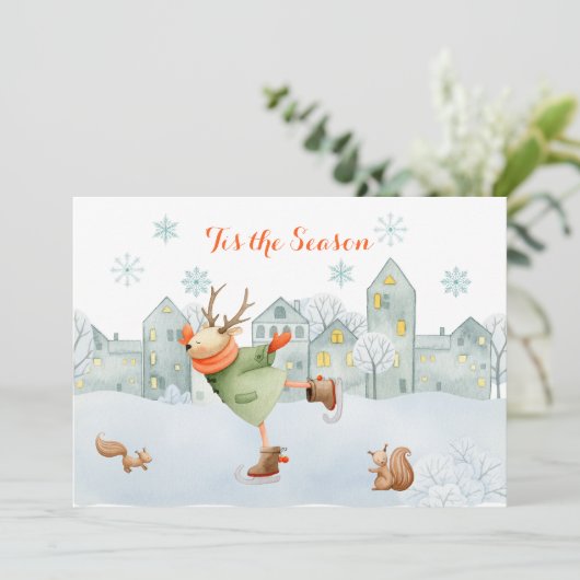 トナカイとリスがスケートリンクのクリスマス | シーズンカード (スタンド正面)