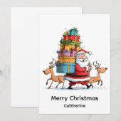 トナカイと一緒の伝統的なクリスマスサンタクロース シーズンカード (正面/裏面)