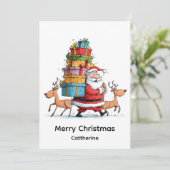 トナカイと一緒の伝統的なクリスマスサンタクロース シーズンカード (スタンド正面)