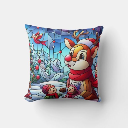 トナカイと冬の喜びの子供たち！ クッション (正面)