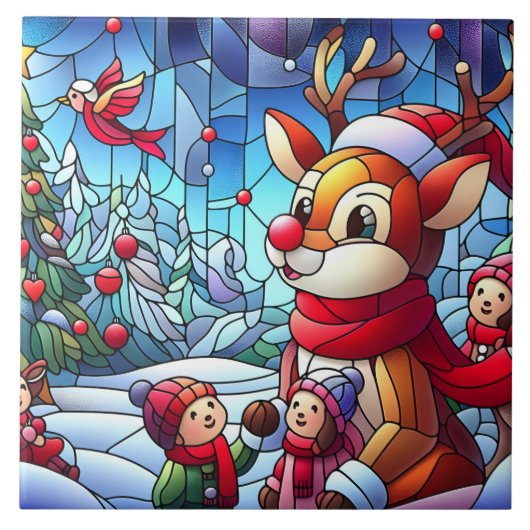 トナカイと冬の喜びの子供たち！ タイル (正面)