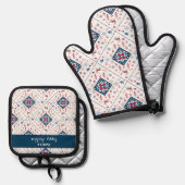 トナカイと冬の花模様と北欧クリスマス 鍋つかみ&鍋敷きセット (正面/裏面)